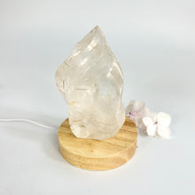 Load image into Gallery viewer, Crystal Lamps NZ: Large clear quartz crystal flame on LED lamp base
