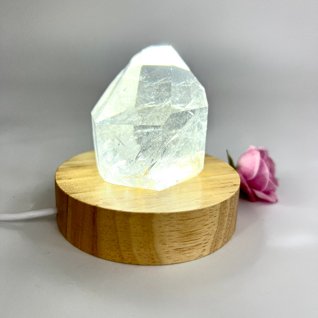 Crystal Lamps NZ: Clear quartz crystal generator on LED lamp base
