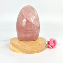 Load image into Gallery viewer, Crystal Lamps NZ: Rose quartz crystal lamp on LED wooden base
