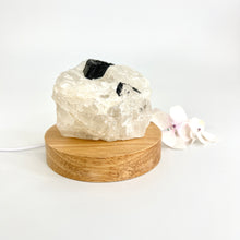 Load image into Gallery viewer, Crystal Lamps NZ: Black tourmaline in quartz crystal lamp on wooden LED base
