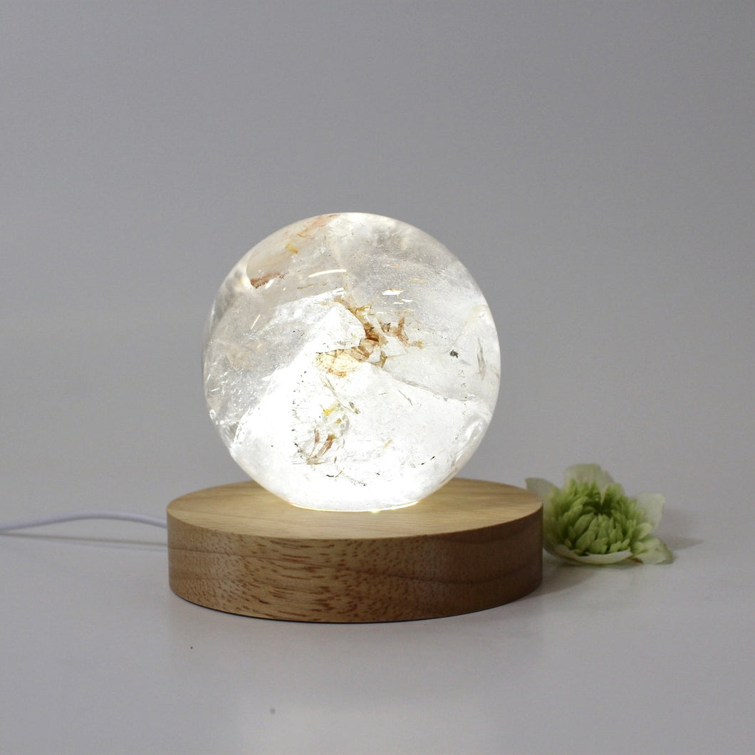 Crystal Lamp NZ: Large clear quartz polished crystal sphere on LED lamp base