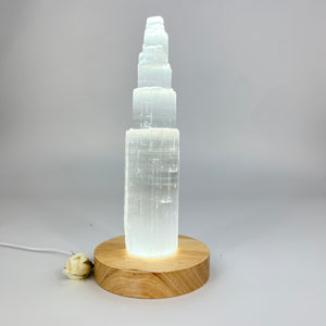 Crystal Lamps NZ: Selenite crystal tower lamp on LED wooden base