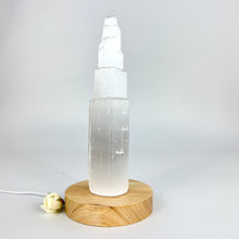 Load image into Gallery viewer, Crystal Lamps NZ: Selenite crystal tower lamp on LED wooden base
