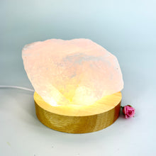 Load image into Gallery viewer, Crystals NZ: Rose quartz crystal lamp on LED wooden base
