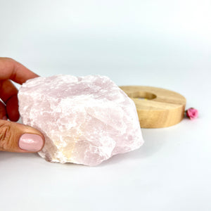 Crystals NZ: Rose quartz crystal lamp on LED wooden base