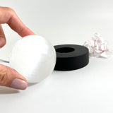 Crystals NZ: Selenite crystal sphere lamp on black LED wooden base