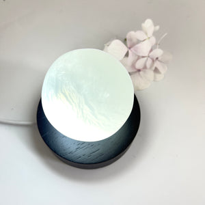 Crystals NZ: Selenite crystal sphere lamp on black LED wooden base