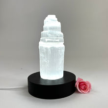 Load image into Gallery viewer, Crystal Lamps NZ: Selenite crystal tower lamp on black LED wooden base
