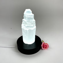 Load image into Gallery viewer, Crystal Lamps NZ: Selenite crystal tower lamp on black LED wooden base
