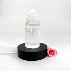 Crystal Lamps NZ: Selenite crystal tower lamp on black LED wooden base