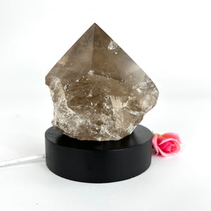 Crystal Lamps NZ: Smoky quartz crystal on black LED lamp base