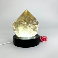 Load image into Gallery viewer, Crystal Lamps NZ: Smoky quartz crystal on black LED lamp base
