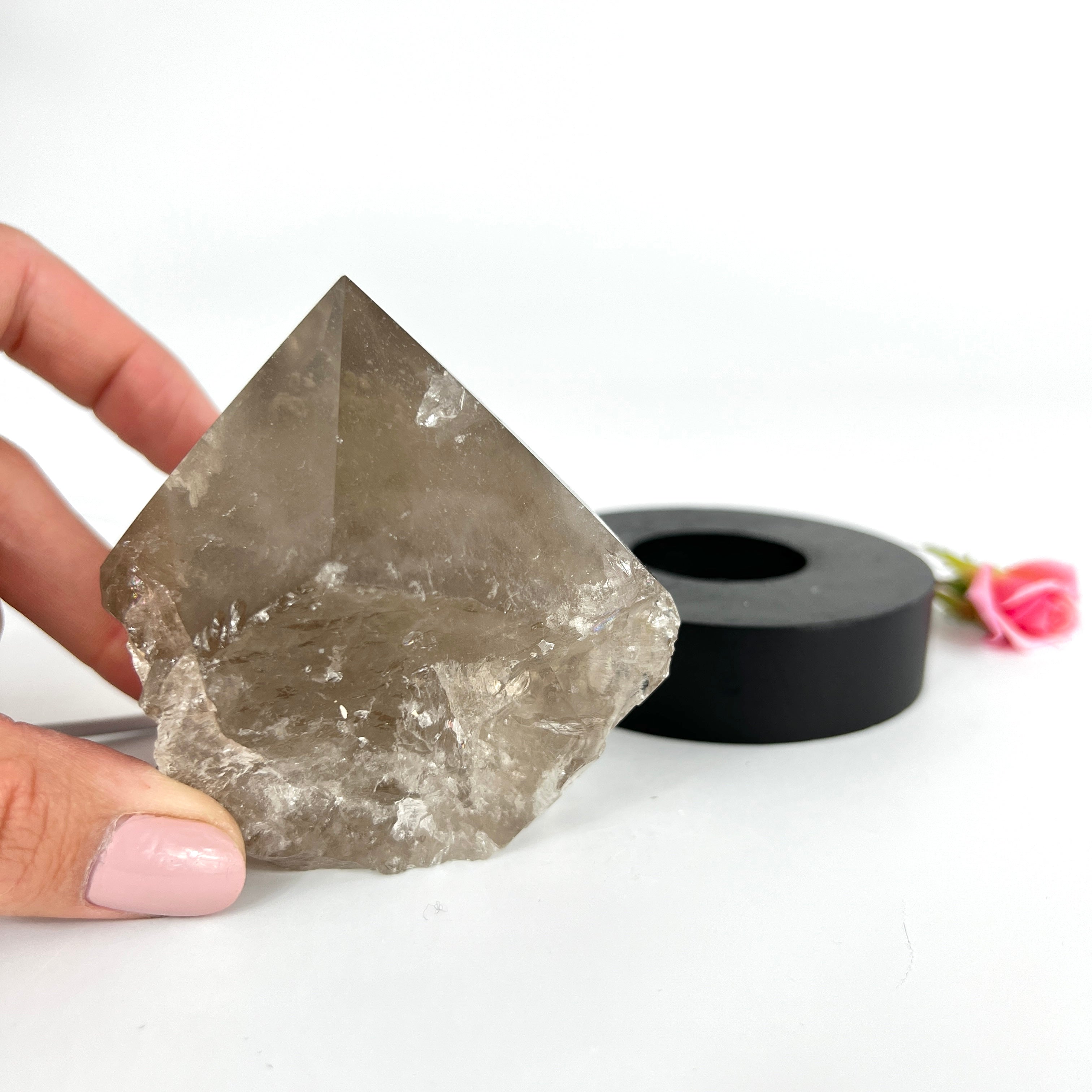 Crystal Lamps NZ: Smoky quartz crystal on black LED lamp base