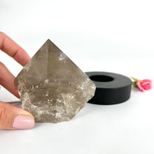 Load image into Gallery viewer, Crystal Lamps NZ: Smoky quartz crystal on black LED lamp base
