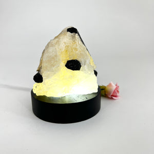 Black tourmaline in quartz crystal lamp on wooden LED base