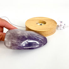 Load image into Gallery viewer, Crystal Lamps NZ: Amethyst crystal lamp on LED wooden base
