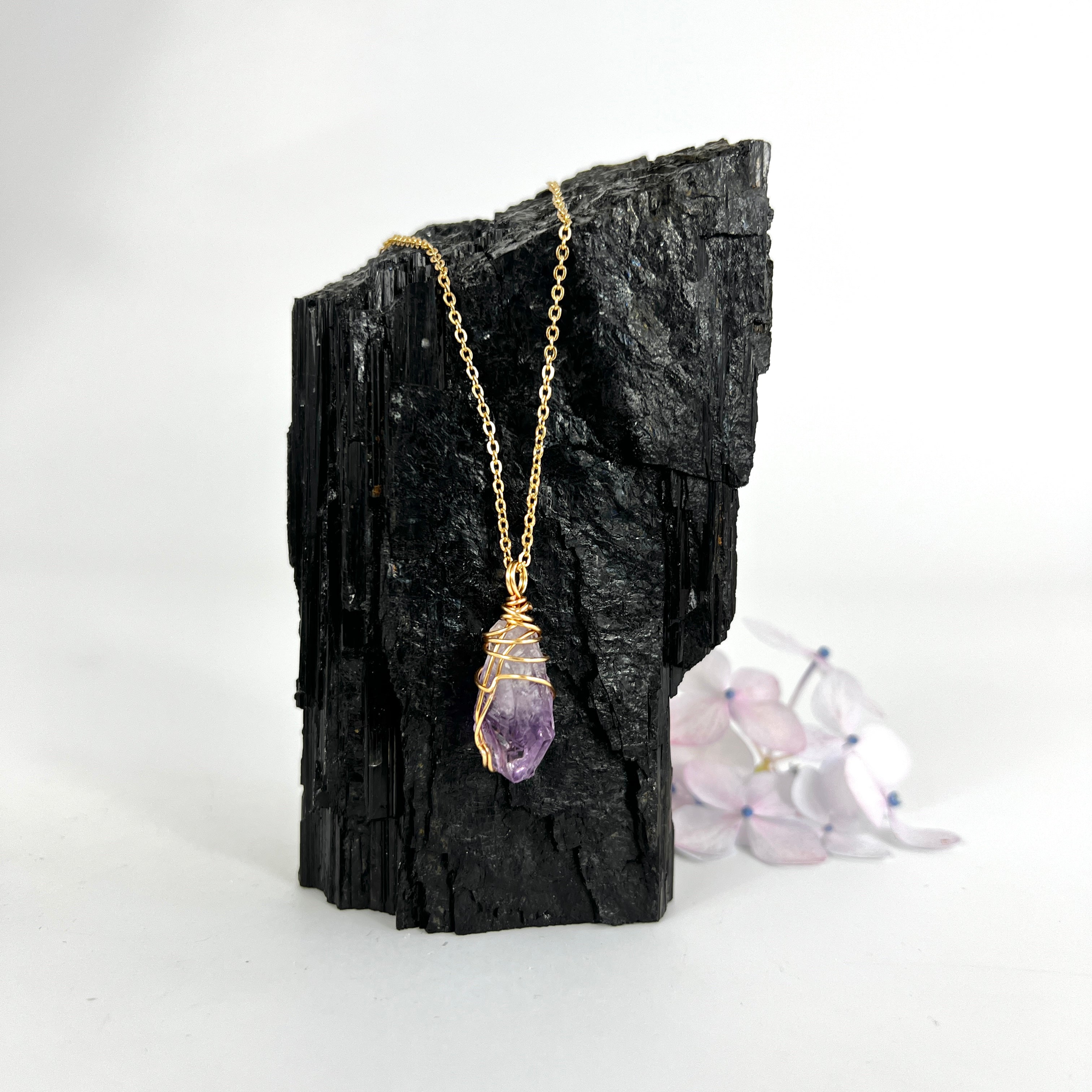 Crystal Jewellery NZ: Bespoke hand-wrapped amethyst crystal necklace 18-inch chain