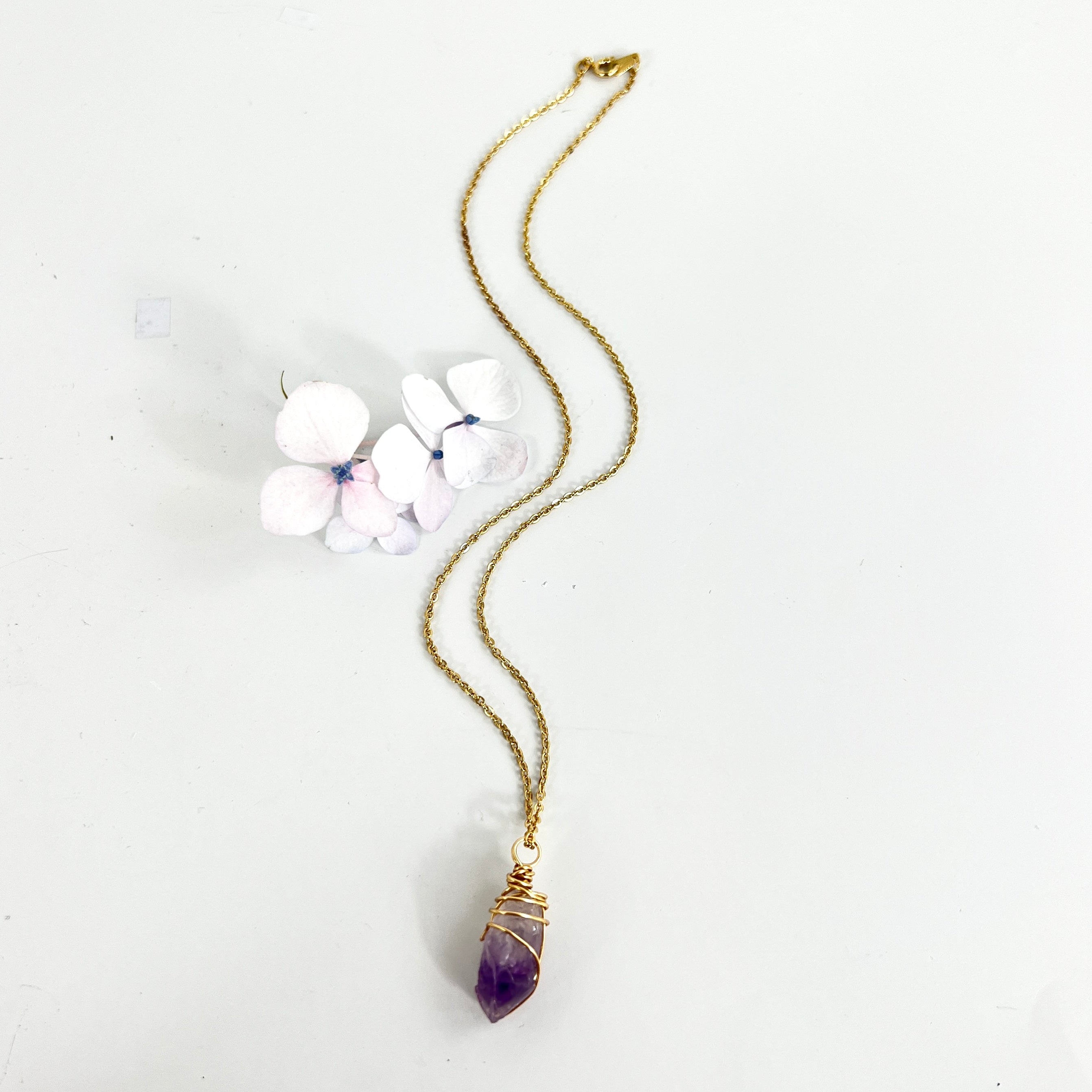 Crystal Jewellery NZ: Bespoke hand-wrapped amethyst crystal necklace 18-inch chain