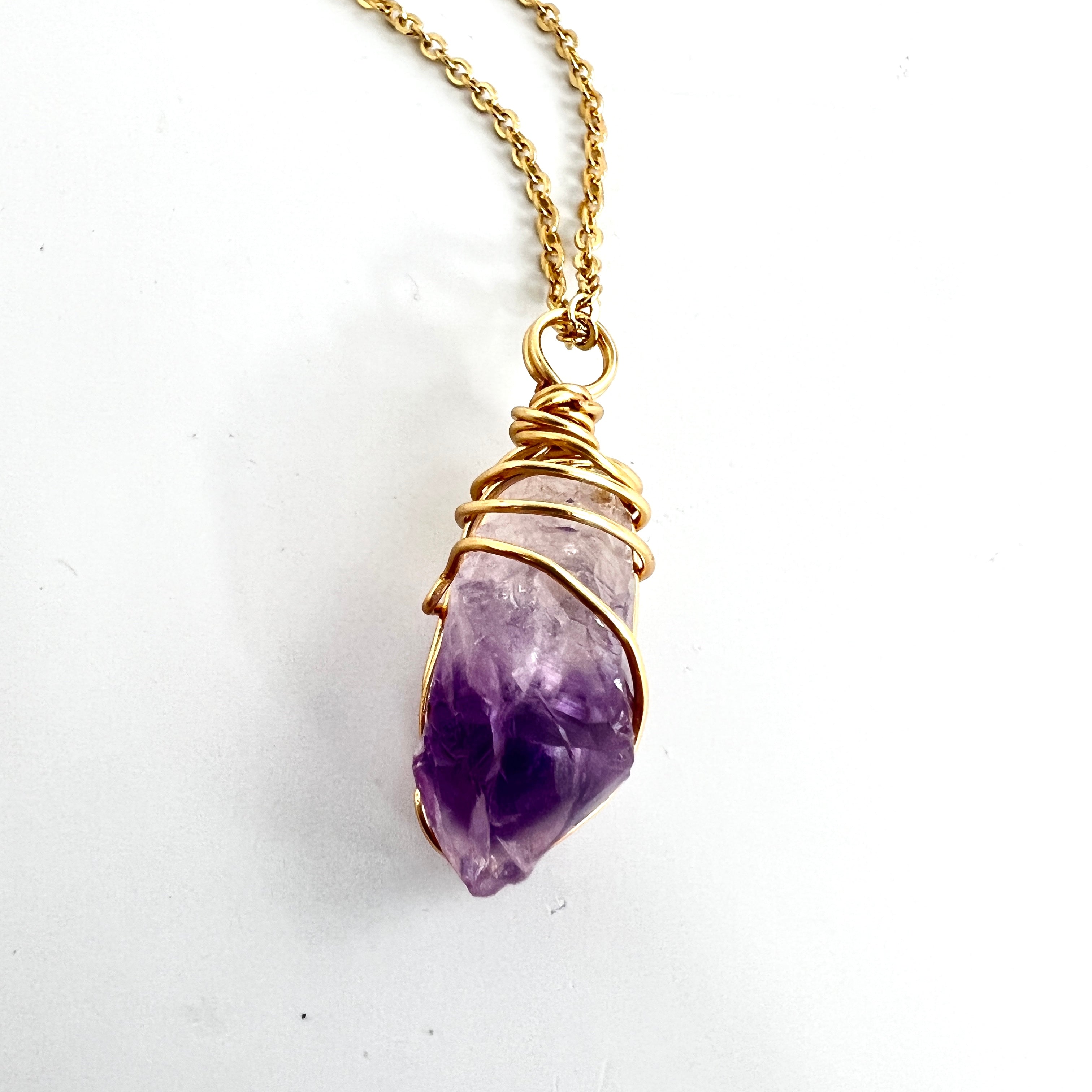 Crystal Jewellery NZ: Bespoke hand-wrapped amethyst crystal necklace 18-inch chain