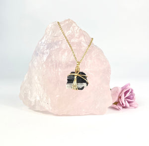 Crystal Jewellery NZ: Bespoke black tourmaline in quartz crystal necklace 18-inch chain