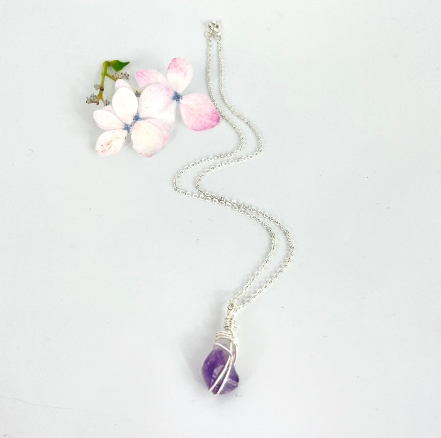 Crystal Jewellery NZ: Bespoke hand-wrapped amethyst crystal necklace 16-inch chain
