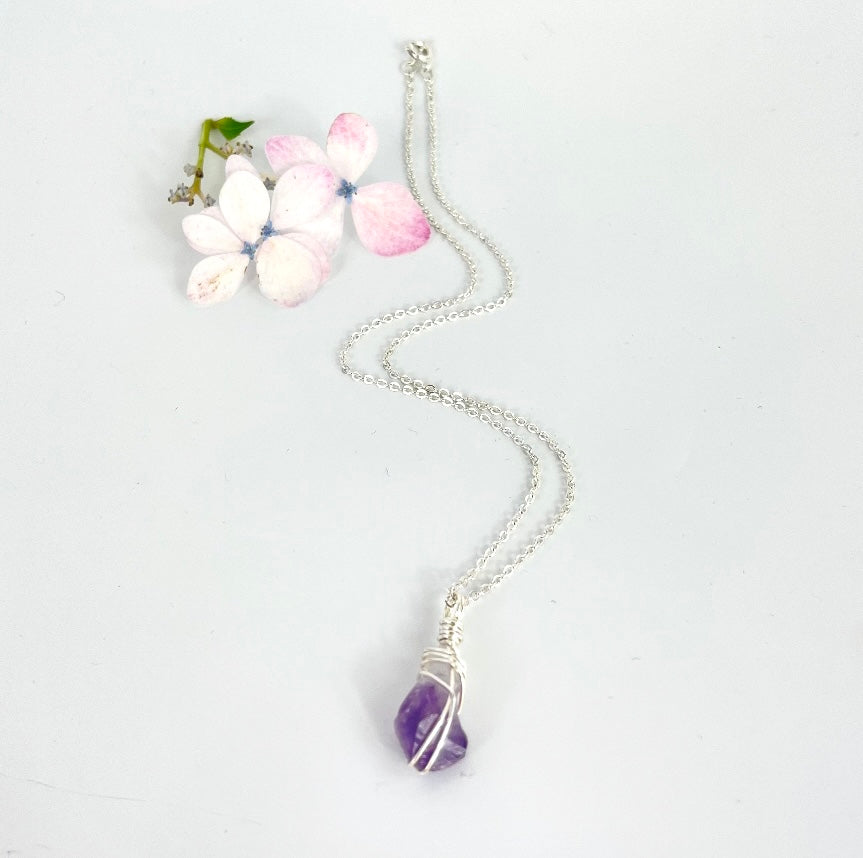Crystal Jewellery NZ: Bespoke hand-wrapped amethyst crystal necklace 16-inch chain
