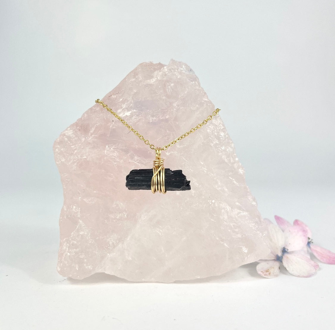 Crystal Jewellery NZ: Bespoke black tourmaline in quartz crystal necklace 16-inch chain