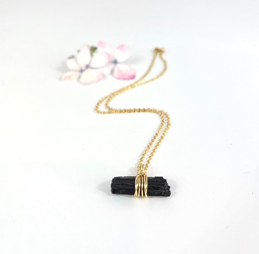 Crystal Jewellery NZ: Bespoke black tourmaline in quartz crystal necklace 16-inch chain