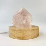 Crystal Lamps NZ: Rose quartz crystal lamp on LED wooden base