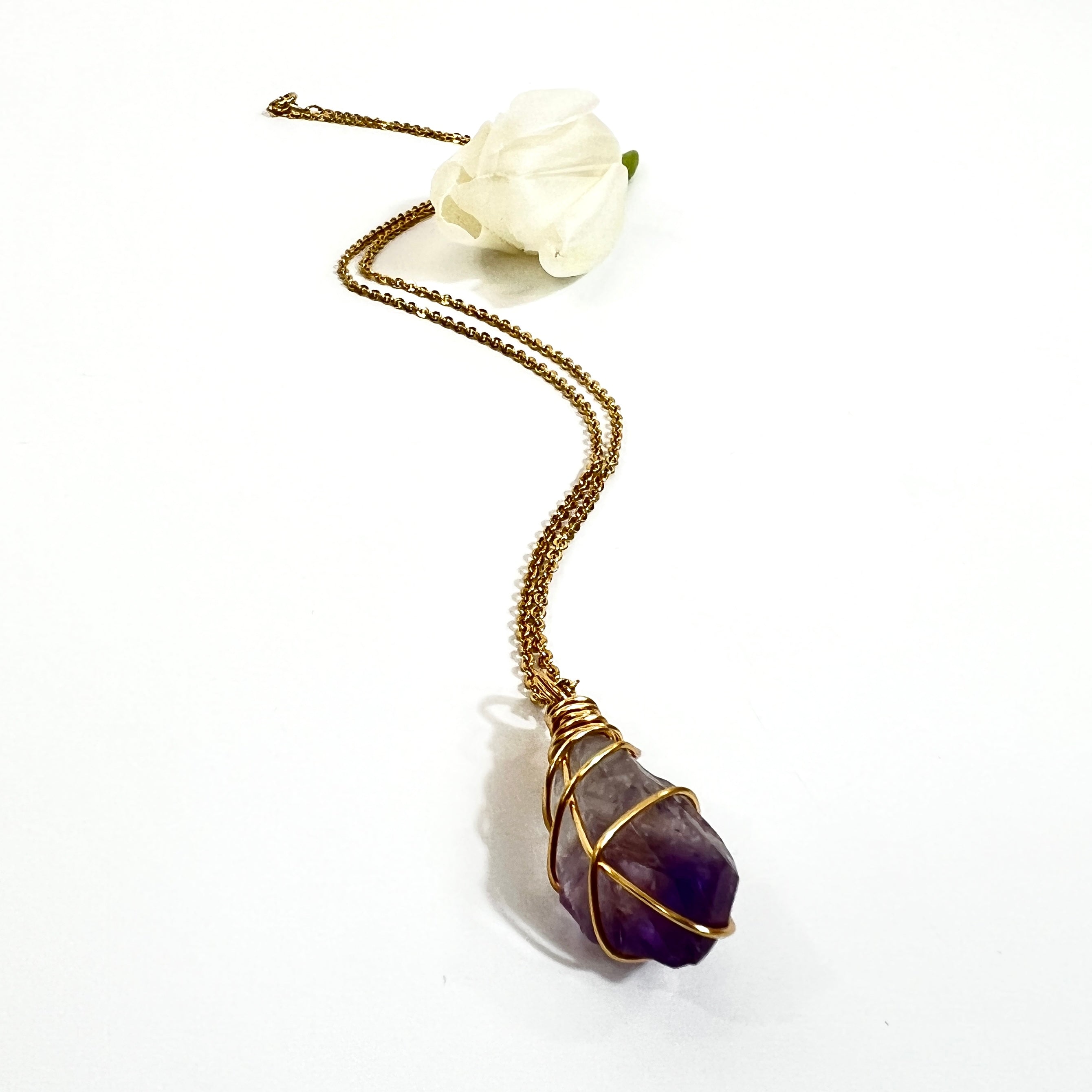 Crystal Jewellery NZ: Bespoke hand-wrapped amethyst crystal necklace 20-inch chain