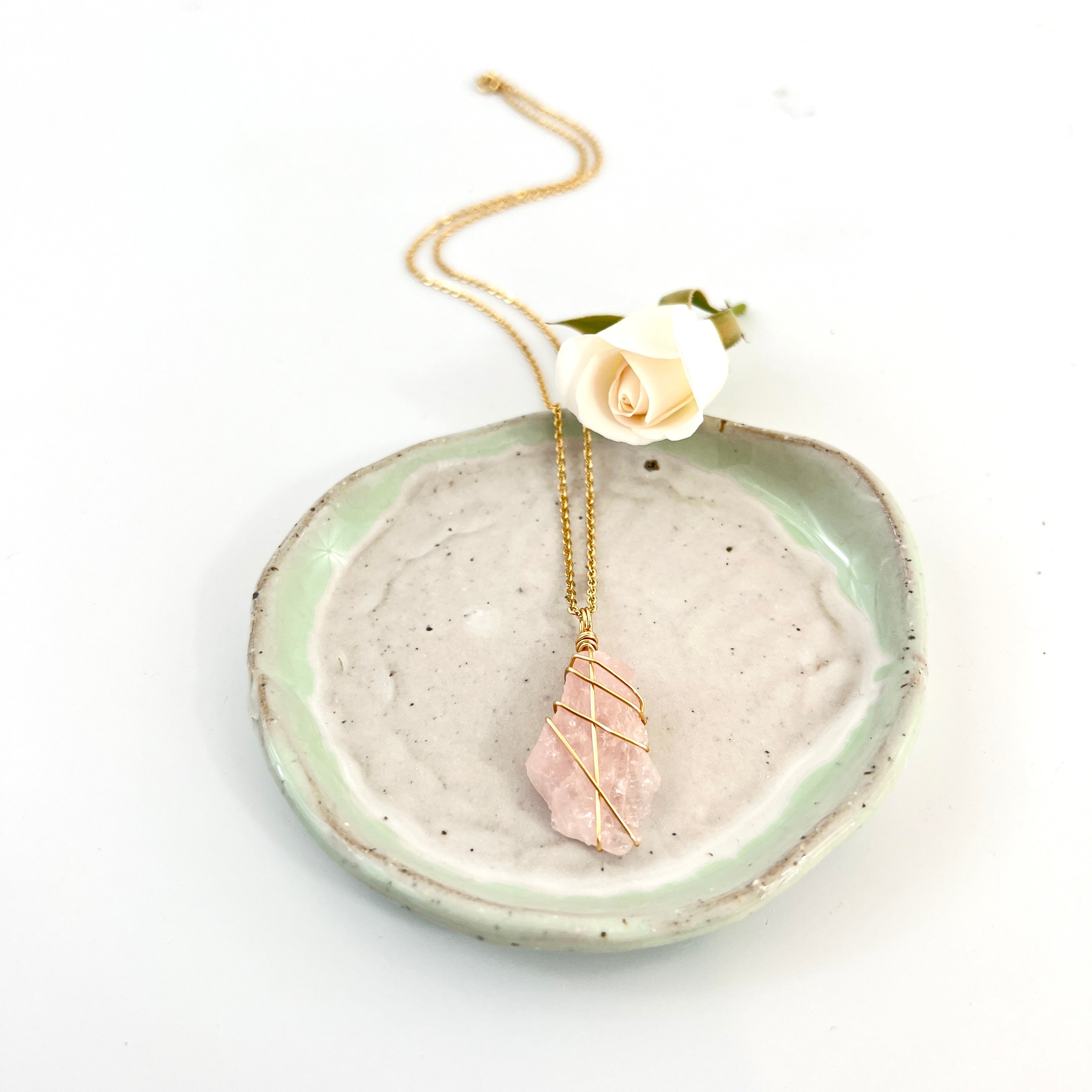 Crystal Jewellery NZ: Bespoke rose quartz crystal necklace 20-inch chain