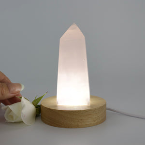 Crystal Lamps NZ: Mangano calcite crystal lamp on LED wooden base