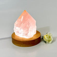 Load image into Gallery viewer, Rose quartz crystal lamp on LED wooden base | ASH&amp;STONE Crystal Lamps NZ
