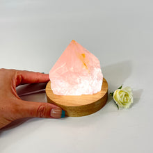 Load image into Gallery viewer, Rose quartz crystal lamp on LED wooden base | ASH&amp;STONE Crystal Lamps NZ
