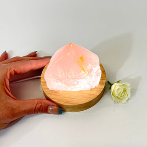 Rose quartz crystal lamp on LED wooden base | ASH&STONE Crystal Lamps NZ