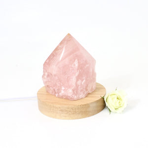 Rose quartz crystal lamp on LED wooden base | ASH&STONE Crystal Lamps NZ