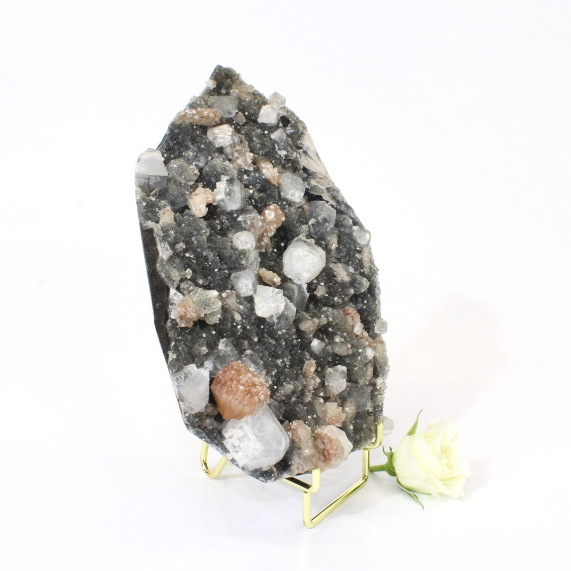 Large apophyllite on blue chalcedony crystal cluster with stand | ASH&STONE Crystals NZ