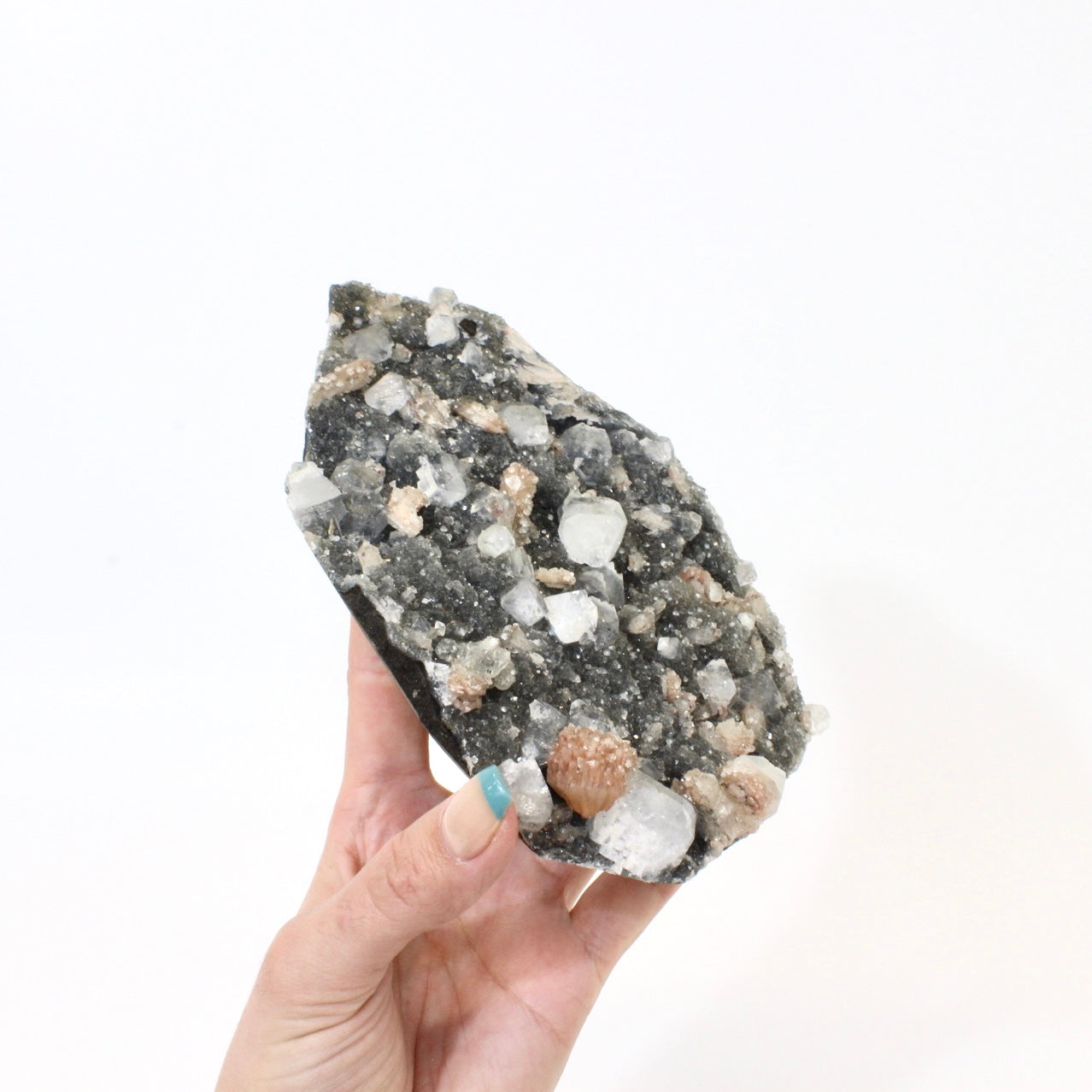 Large apophyllite on blue chalcedony crystal cluster with stand | ASH&STONE Crystals NZ