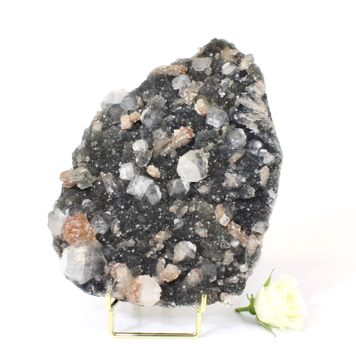 Large apophyllite on blue chalcedony crystal cluster with stand | ASH&STONE Crystals NZ