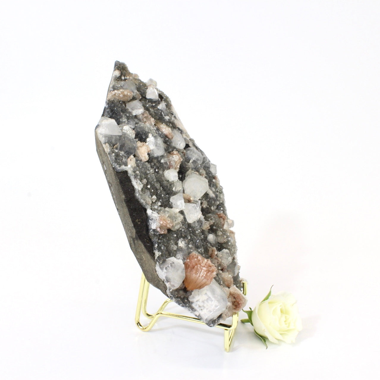 Large apophyllite on blue chalcedony crystal cluster with stand | ASH&STONE Crystals NZ