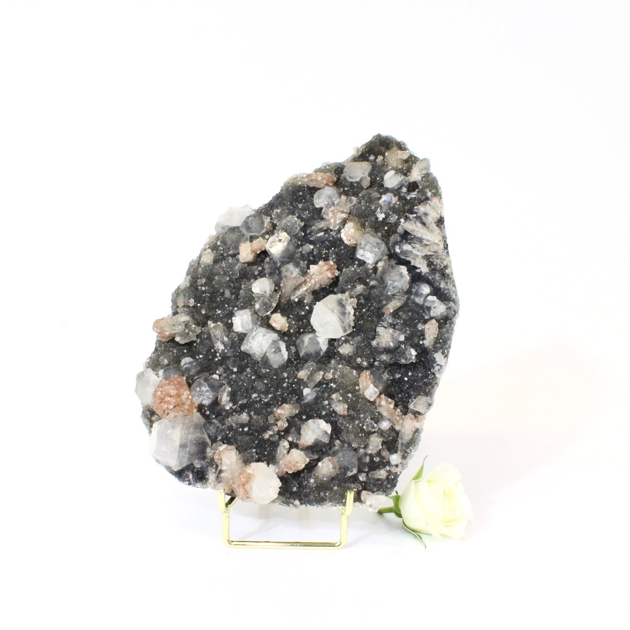 Large apophyllite on blue chalcedony crystal cluster with stand | ASH&STONE Crystals NZ