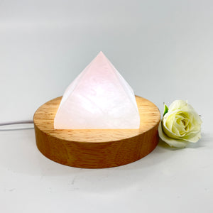 Rose quartz crystal lamp on LED wooden base | ASH&STONE Crystal Lamps Auckland NZ
