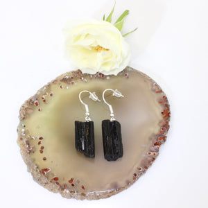 Black tourmaline crystal drop earrings | ASH&STONE Crystals NZ