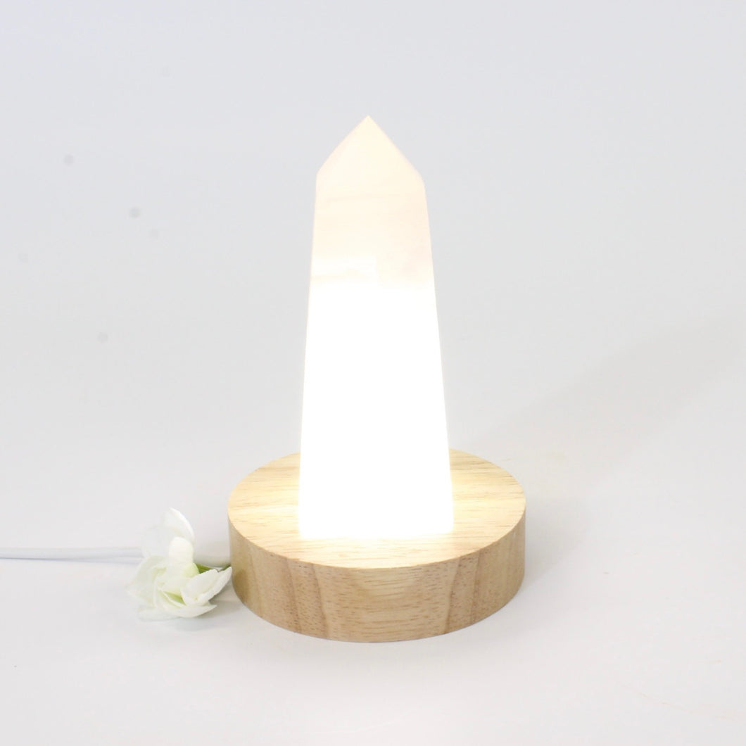Morganite crystal tower on LED lamp base | ASH&STONE Crystals Shop Auckland NZ