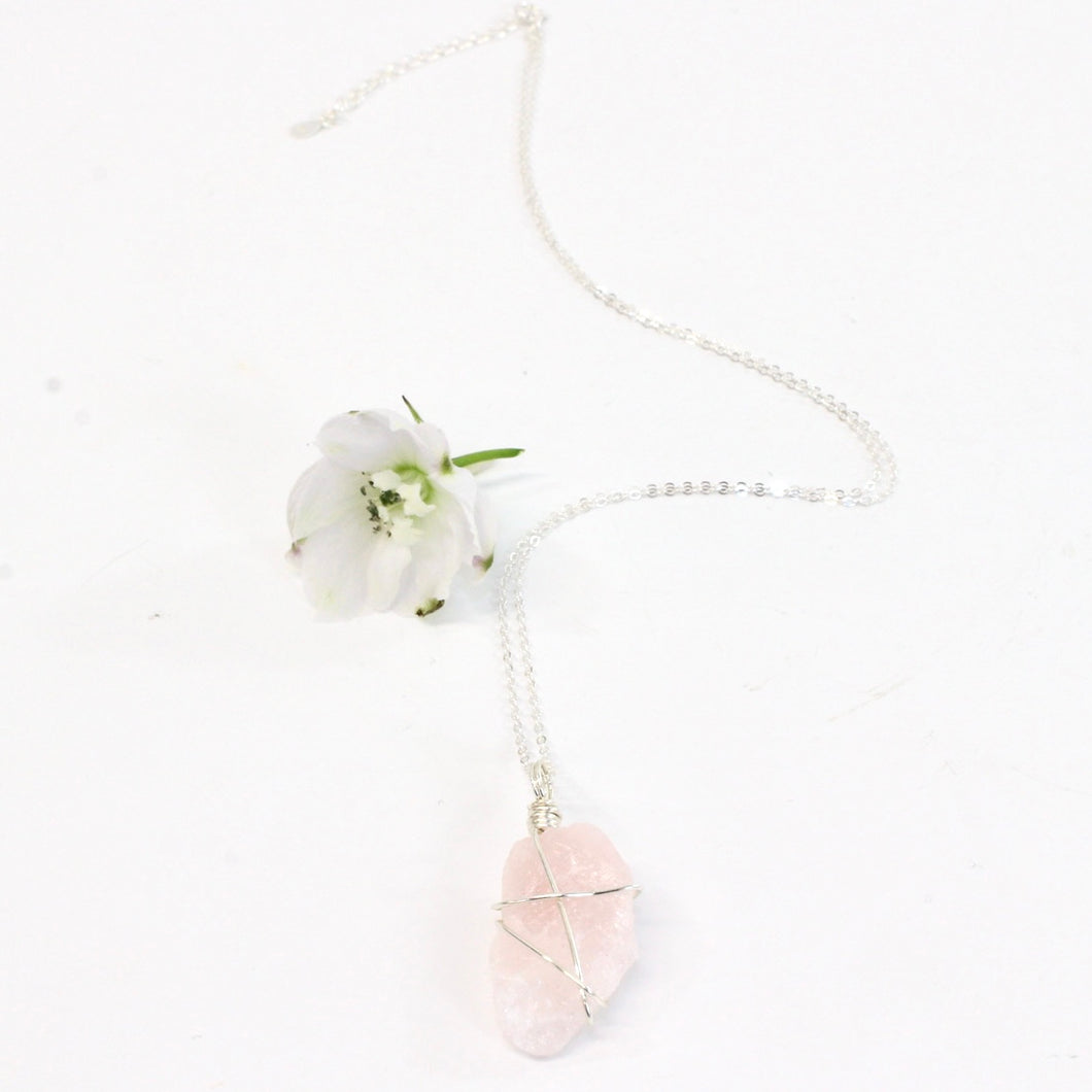 Bespoke NZ-made rose quartz crystal pendant with 18