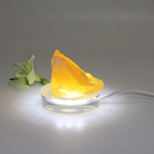 Load image into Gallery viewer, Orange calcite crystal on clear perspex LED lamp base | ASH&amp;STONE Crystals Shop 
