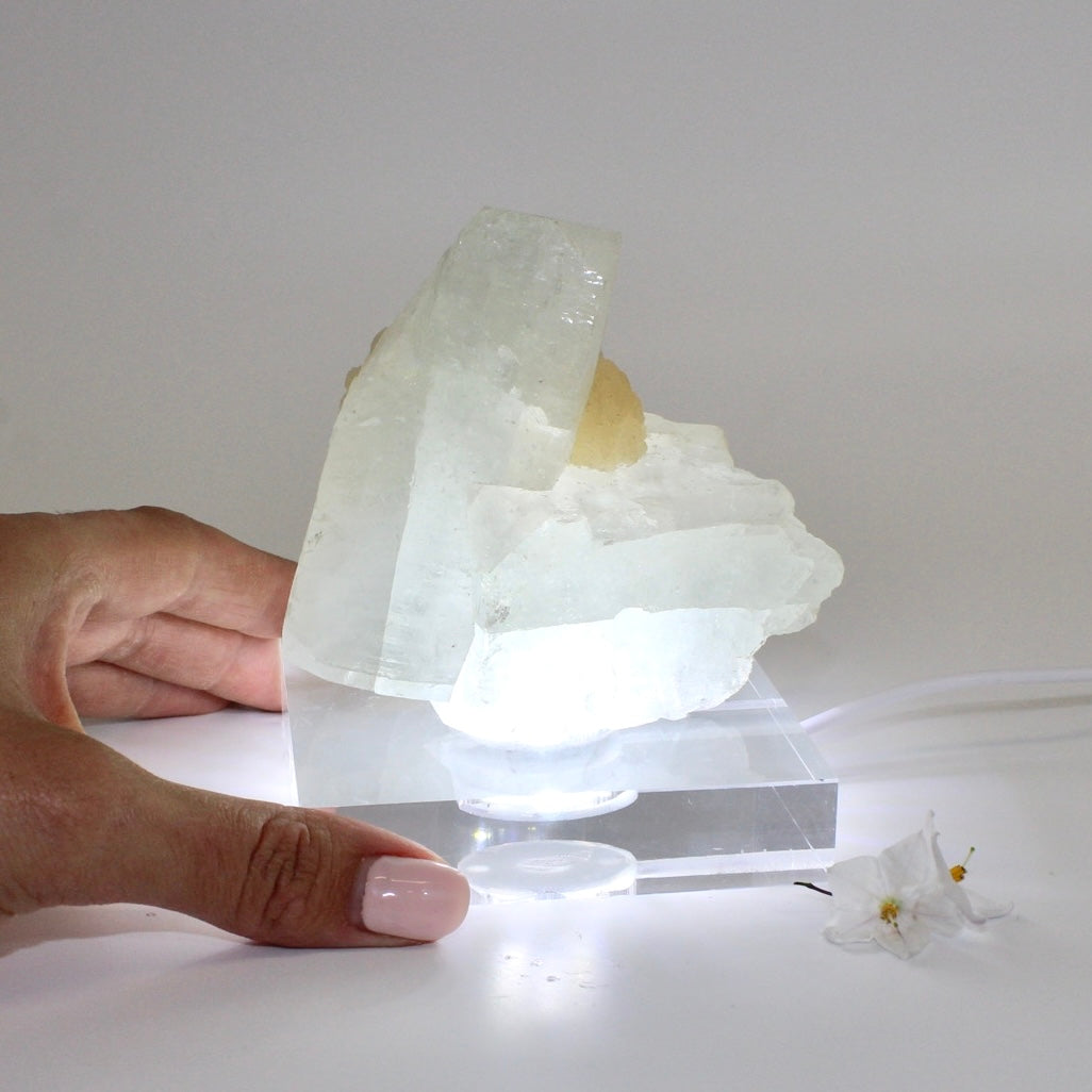 Apophyllite crystal chunk on perspex LED lamp base | ASH&STONE Crystals Shop Auckland NZ