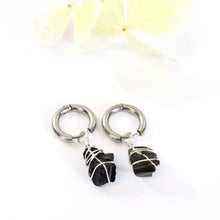Load image into Gallery viewer, NZ-made bespoke black tourmaline crystal huggy earrings | ASH&amp;STONE Crystal Jewellery Shop Auckland NZ
