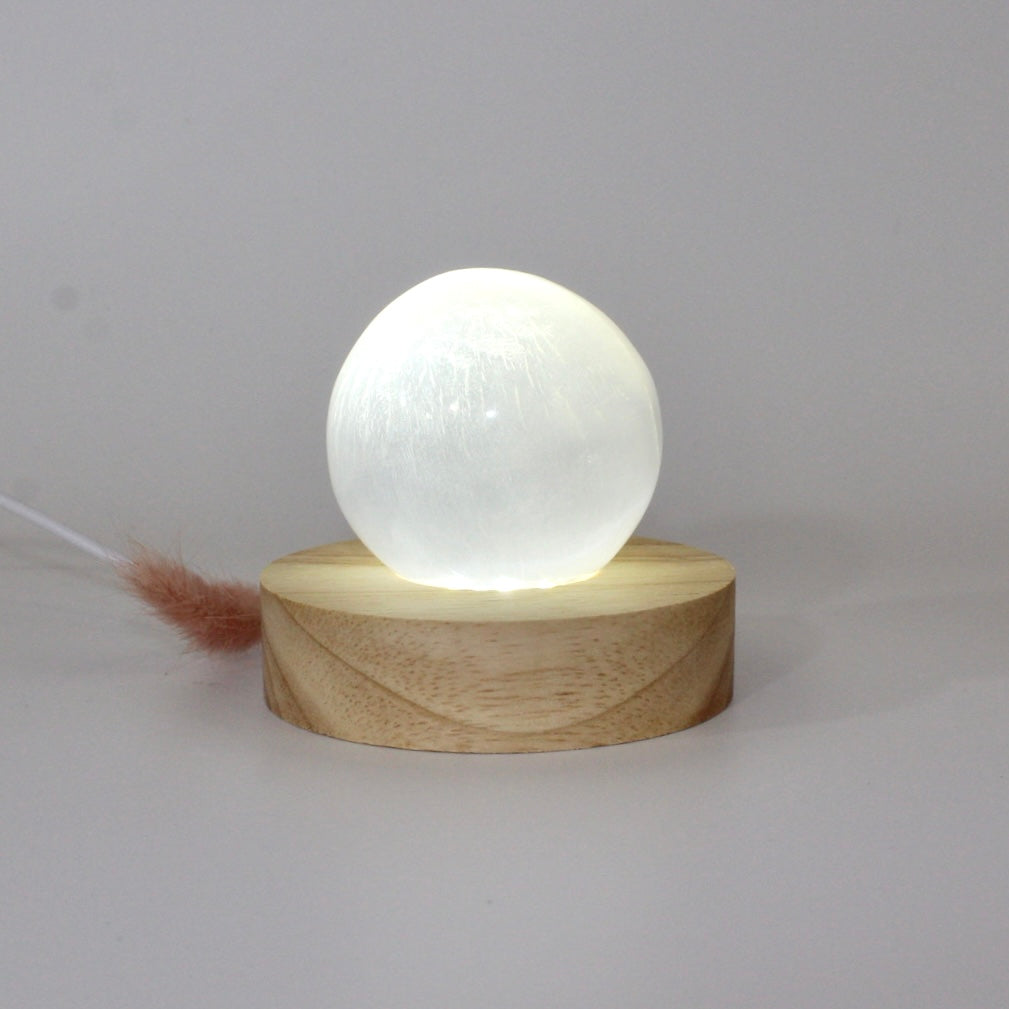 Selenite crystal sphere lamp on LED wooden base | ASH&STONE Crystals Shop Auckland NZ