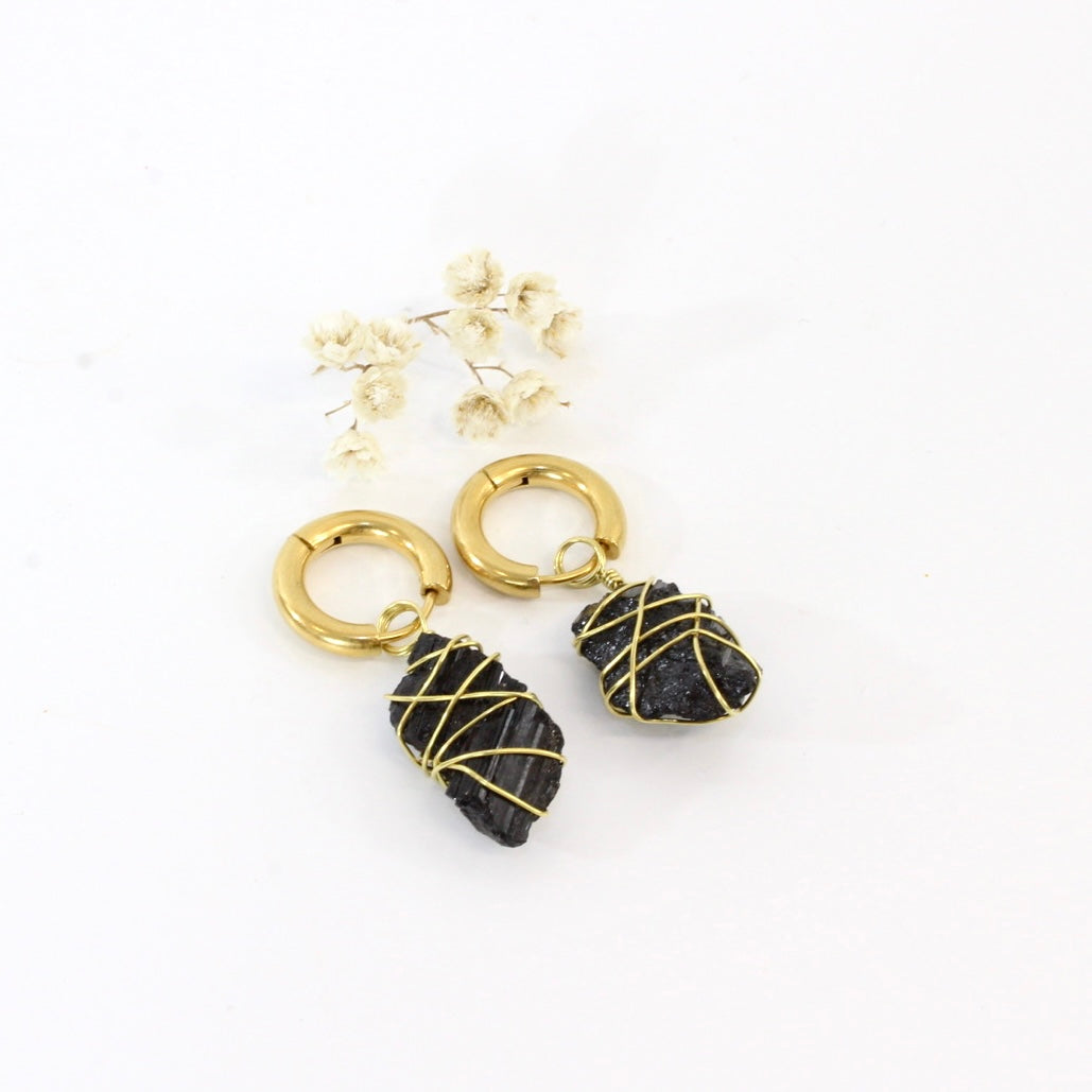 NZ-made bespoke black tourmaline crystal huggy earrings | ASH&STONE Crystal Jewellery Shop Auckland NZ